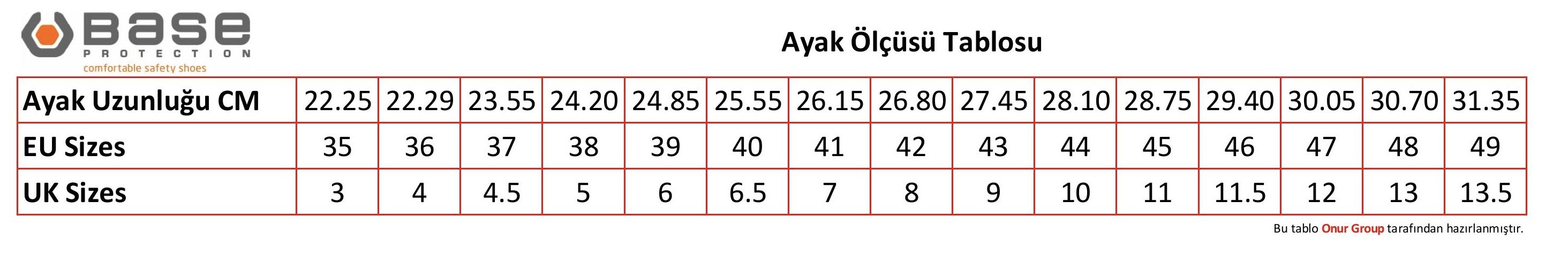 Ayak Ölçüsü Tablosu